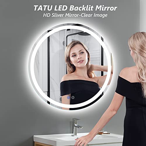TATU 24 Inch LED Round Lighted Mirror, Bathroom Backlit Vanity Mirror Wall Mounted with 3000K/4000K/6000K Adjustable, Anti-Fog, Smart Touch Button, Stepless Dimmable Lighted Makeup Mirror - size: 24"L x 24"W