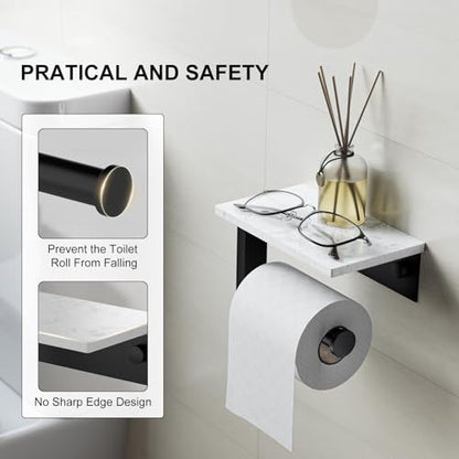 Matte Black Toilet Paper Holder with Marble Shelf Tissue Roll Holder | 304 Stainless Steel Wall Mounted Toilet Paper Roll Holder Screw-Mounted Tissue Holder for Bathroom Washroom by BATHLAVISH - color: Matte Black