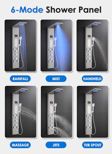 ROVOGO Shower Panel Tower With Hydroelectric LED Lights & Digital Display | Rain Mist Shower Head, Handheld, 2-Type Body Jets, Tub Spout, 50 Inch Shower Column Stainless Steel W/ Brass Valves, Brushed - style: 2-Type Jets Brushed