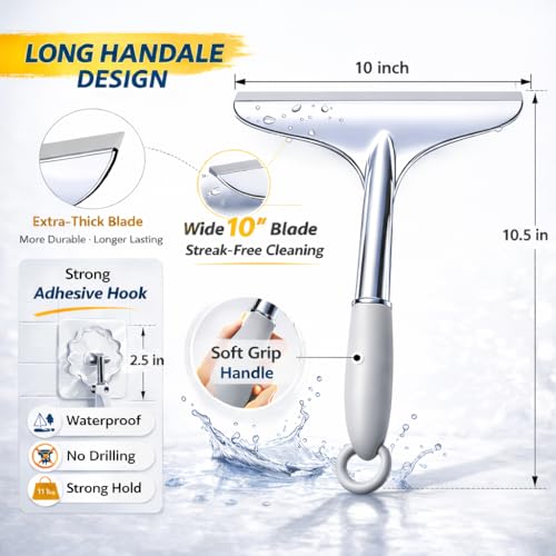 Shower Squeegee for Glass Shower Doors Bathroom Tile Mirror – Streak-Free Silent Window Cleaner with Non-Slip Handle and Adhesive Hook for Car and Home Cleaning