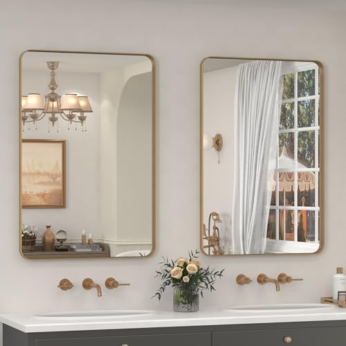 2 Pack of 24x36 Inch Gold Bathroom Vanity Mirror | Rounded Rectangle Gold Metal Mirror, Brushed Gold Brass Frame, Wall-Mounted, Anti-Rust, Hangs Horizontally or Vertically - color: Gold, size: 24x36(2Pack)