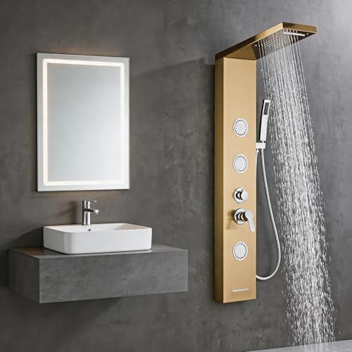 5-In-1Shower Panel Tower System-Brushed Gold | 304 stainless steel Shower Panel Column Tower With Powerful Body Jets,Body Spray,Rainfall,Waterfall,Handheld And Tub Spout - color: Gold