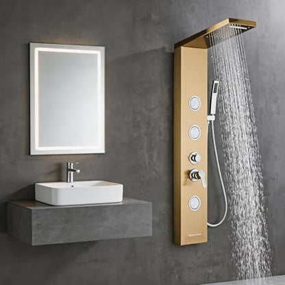 5-In-1Shower Panel Tower System-Brushed Gold | 304 stainless steel Shower Panel Column Tower With Powerful Body Jets,Body Spray,Rainfall,Waterfall,Handheld And Tub Spout - color: Gold