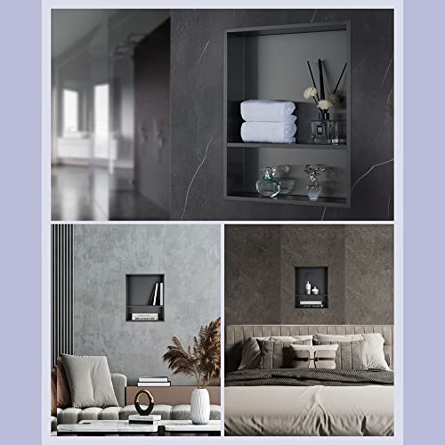 Shower Niche, 16"x20" No Tile Needed, The Insert Storage Rectangle Double Shower Shelf is Easy to Install, Stainless Steel, Black Grey - size: 16"x20"