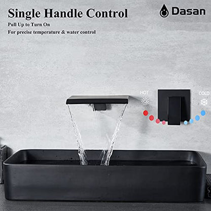 DASAN Wall Mount Waterfall Bathroom Faucet Matte Black in Wall Sink Faucet, Single Handle Wall Mounted Modern Faucet for Bathroom with Upgraded Rough in Valve - color: Matte Black