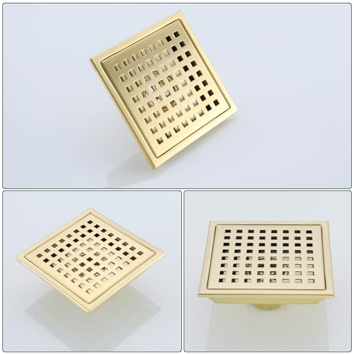 6 Inch Square Shower Floor Drain with Removable Cover Grid Grate,SUS304 Stainless Steel Brushed Gold Brass Finished,98738BG6. - color: Brushed Gold