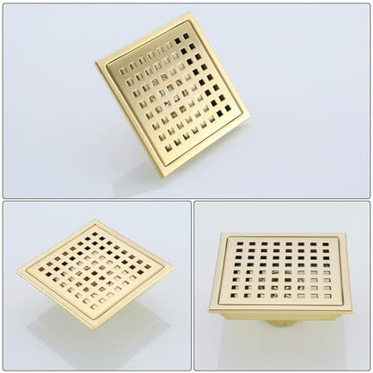 6 Inch Square Shower Floor Drain with Removable Cover Grid Grate,SUS304 Stainless Steel Brushed Gold Brass Finished,98738BG6. - color: Brushed Gold