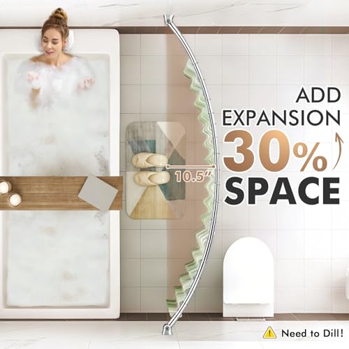 Curved Shower Curtain Rod for Bathroom, 40-72 Inches Adjustable Shower Rod | Rustproof Shower Curtain Rod with Rotating Brackets for Extra 30% Large Shower Space, 0.9MM thickness, Need to Drill, Chrome - color: Chrome