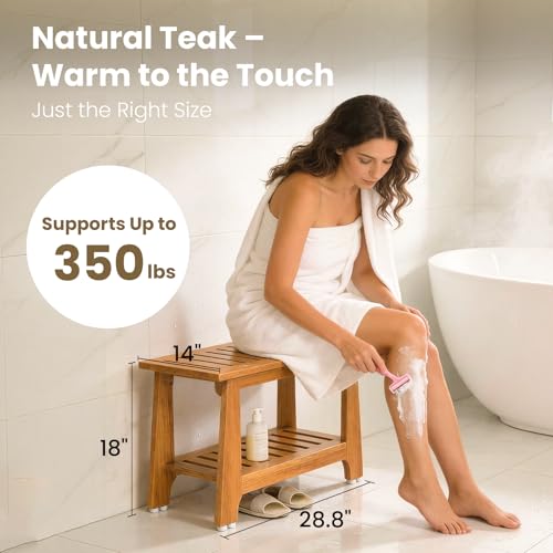 NNN 30" Commercial Heavy Duty Teak Shower Bench, Patented, Non-Slip Stable | with 8 Japan-Made Non-Slip Leveling Feet, Mortise-Tenon Legs 350lb, Pre-Oiled European Teak Oil, Marine-Grade Hardware - size: 30"W x 14" Dx 18"H