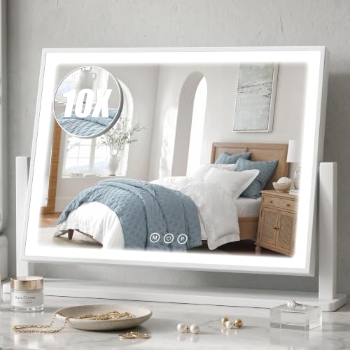 Rechargeable Vanity Mirror with Lights, 3000mAH Battery, 17"×12" LED Makeup Mirror, 10X Magnification, Smart Touch with 3-Color Lighting, 360° Rotation, Lighted Up for Makeup Desk, Bedroom (White) - color: White, size: 17"L x 12"W