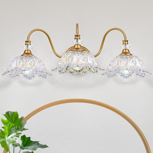 Vintage Bathroom Vanity Light, 3-Light Matte Brass Finish Vanity Light with Flower-Shaped Rainbow Glass Shades, Retro Wall Sconce for Bathroom - color: Rainbow Color, size: 3-Light