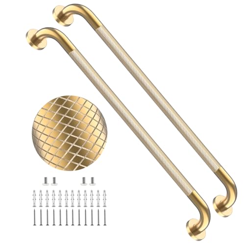 32 Inch Brushed Gold Shower Grab Bar with Anti-Slip Knurled Grip | YuanDe Stainless Steel Bathroom Grab Bars,Shower Handrail Support, Handicap Elderly Balance Assist Handles-2Packs - color: Brushed Gold, size: 32inch-2Pack
