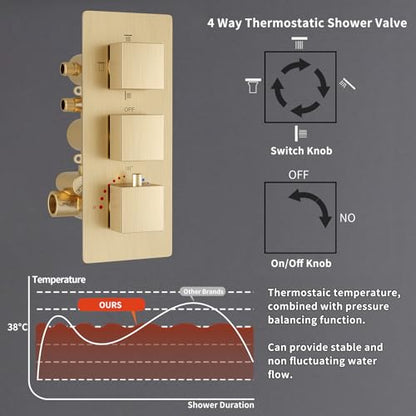 Thermosttic Shower Faucet Set Brushed Gold Shower System with 12 and 8 inch Rain Shower Head, 4 Body Jets, Handheld Spray - color: Brushed Gold, size: 12+8" Ceiling Shower