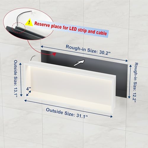 30"x12"White LED Shower Niche,3 CCT Dimmable Light, No Tile Needed | 304 Stainless Steel Bathroom Niche w/ Light(3000K/4000K/6000K), IP66 Waterproof, Space Saving & Durable ,LED Driver Included - color: White, size: 30X12In