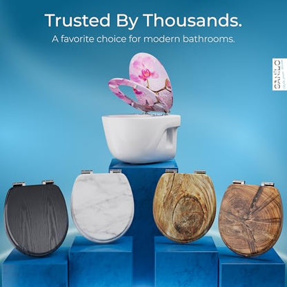 SANILO Wooden Toilet Seat with Soft Close [ROUND] - Decorative, Quiet & Slow Close Molded Wood Seat - With Strong Bumpers & Hinges - Adjustable Fit – Blooming - color: Blooming