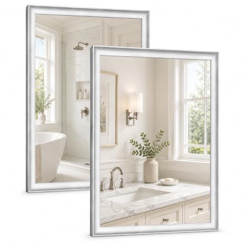 2 Pack Brushed Nickel Bathroom Mirrors 22x30 Inch | Silver Rectangle Vanity Mirror for Bedroom, Entryway, Living Room Decor, Aluminum Framed, Curved Wide Edge, Anti-Rust - color: Brushed Nickel, size: 22"Lx30"W-2pcs