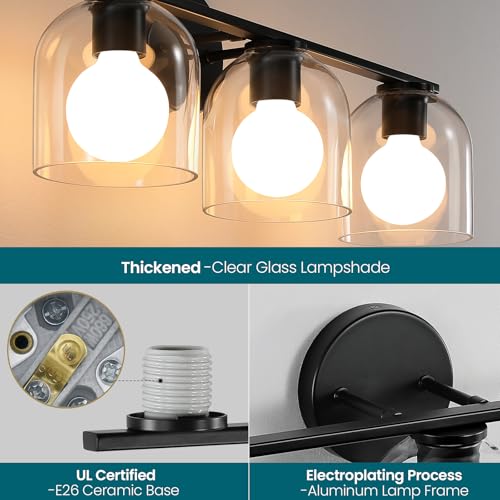 WOSHITU Bathroom Vanity Light Fixtures: 32.3 Inch Modern Matte Black Bathroom Lighting Fixtures Over Mirror with Clear Glass Shade 4 Light Vanity Lighting Fixtures Farmhouse Vanity Lights - color: Matte Black, size: 4-light