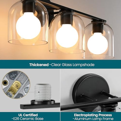 WOSHITU Bathroom Vanity Light Fixtures: 32.3 Inch Modern Matte Black Bathroom Lighting Fixtures Over Mirror with Clear Glass Shade 4 Light Vanity Lighting Fixtures Farmhouse Vanity Lights - color: Matte Black, size: 4-light