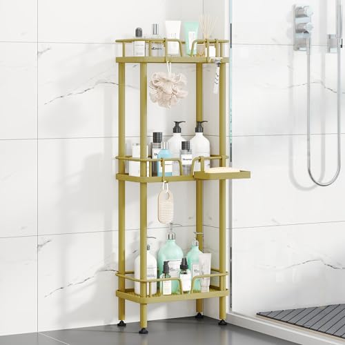 HapiRm Standing Corner Shower Caddy - 3 Tier Corner Shower Organizer with Soap Holder, Rustproof Stainless Steel Bathroom Shelf with 4 Hooks, Gold - color: Gold