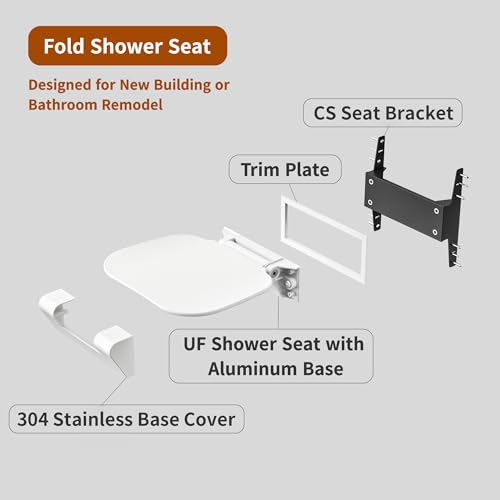 Folding Shower Seat Wall Mounted Shower Chair 15.7" with Embed CS Seat Bracket Bistable Structure Aluminum Base 440lb Load Capacity for Bathroom Remodel, White - size: White