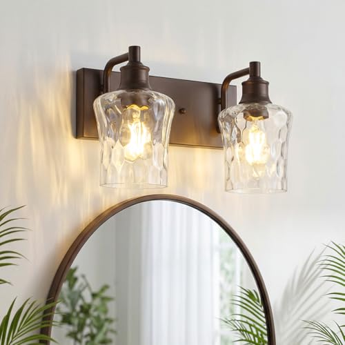 Bathroom Light Fixtures Farmhouse Oil Rubbed Bronze Vanity Lights for Bathroom Lighting Fixtures Over Mirror with Hammered Glass Lampshade for Cabinet Mirror Bedroom Hallway 2 Light - color: Oil-Rubbed Bronze, size: 2 Lights