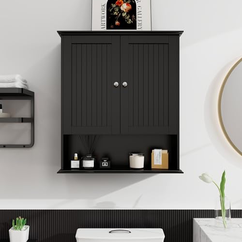Bathroom Wall Cabinet Shaker Style Over The Toilet Storage Cabinet | Black Over The Toilet Storage Cabinet, 2 Doors Medicine Cabinet with Adjustable Shelves for, Kitchen, Living Room, Entryway - color: Black, size: 26"W x 29.5"H