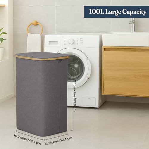 Fine Living Co.100L Large Laundry Hamper with Lid Dirty Clothes Hamper Gray | Narrow Foldable Slim Laundry Basket with Bamboo Handles, Tall Skinny Hamper for Dorm, Bathroom & Bedroom - color: Solid Gray