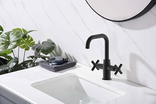 Bathroom Sink Faucet, 4 Inch Single Hole or 3 Hole Centerset Vanity Faucet, 2-Handle Handle Single Hole Bahroom Sink Faucet, Pop Up Drain Matte Black Finish DF-1265CCH-MT - color: Matte Black