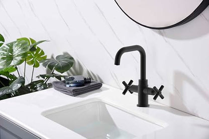 Bathroom Sink Faucet, 4 Inch Single Hole or 3 Hole Centerset Vanity Faucet, 2-Handle Handle Single Hole Bahroom Sink Faucet, Pop Up Drain Matte Black Finish DF-1265CCH-MT - color: Matte Black