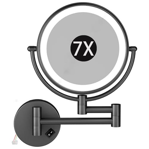 8" Wall Mounted Lighted Makeup Mirror, Hardwired Double Sided LED Magnifying Extended Arm 360° Swivel Bathroom Vanity Mirror,Black,7X - color: Black, size: 7X
