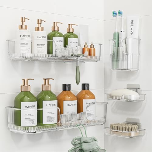HAMITOR Adhesive Shower Caddy for bathroom：5 Pack Clear Bath Shelves No Drilling for Modern Renters & Home Decor - Rustproof Acrylic Shower Organizer for Bathroom Storage - size: 5 Pack