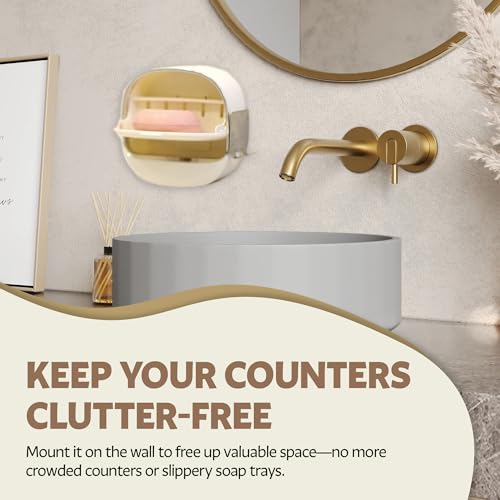 Soap and Razor Dish Holder with Drain Tray- Flip top, Waterproof, wall Mounted, with Additional Hook for loofas and Others. No Drilling and Lightweight.