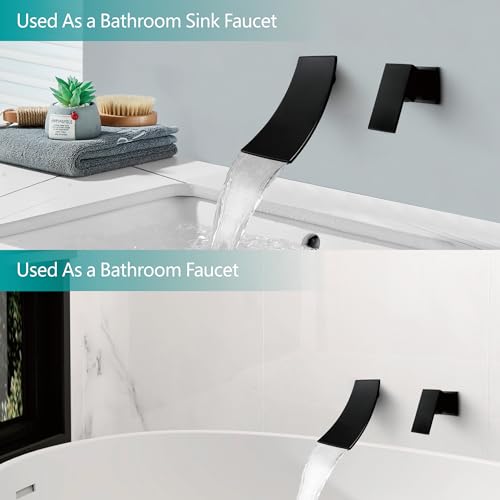 SKOWLL Matte Black Wall Mount Bathroom Faucet, Single Handle Bathroom Sink Faucet, Modern Waterfall Wall Mount Bathtub Faucets with Independent Swich, Filler Rough-in Valve Included - color: Matte Black