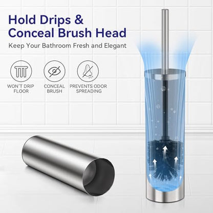 DOWRY Toilet Bowl Brush and Holder for Bathroom Silver | 304 Stainless Steel Deep Cleaning Toilet Brush and Holder Set with Long Handle Hidden with 2 Heads