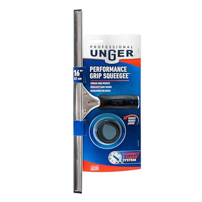 Unger Connect and Clean 16” Performance Window and Glass Cleaning Squeegee with Replacement Rubber, Cleaning Supplies, Heavy Duty Household Cleaner Tools with Streak-Free Results - size: 16 Inch (Pack of 1), style: 16” Performance Grip Squeegee