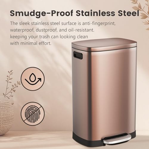 ELPHECO Kitchen Trash Can with Lid 13 Gal Stainless Steel Pedal Garbage Can | Soft Close Lid, Pedal, Heavy-Duty Fingerprint Proof Step Wastebasket with 20 Bags, Removable Bucket, Home Office, Champagne - color: Champagne