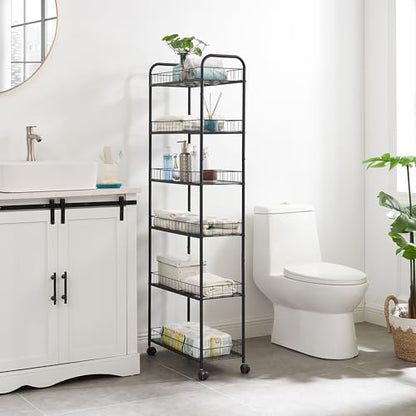 Slim Rolling Storage Cart, 6 Tier Utility Carts with Wheels and Baskets, Mobile Shelving Unit, Metal Wire Storage Shelving Rack with for Kitchen Bathroom Office Laundry Narrow Space - Black 10in