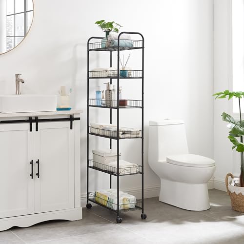 6-Tier Slim Rolling Storage Cart with Wheels Storage Carts Metal Utility Organizer, Narrow Mobile Shelving Unit for Kitchen, Bathroom, Laundry, Office (10in)