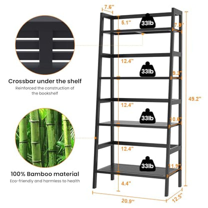 Bamboo Bookshelf 4-Tier Ladder Shelf, 49.2” Freestanding Open Bookcase Book Shelf Bathroom Storage Shelf Unit Plant Stand for Small Space, Living Room, Bedroom, Home Office, Black - color: Black