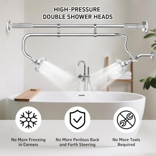 OURBAOFU Tandem Shower Heads, Double Shower Head for Couples, Dual Shower Head System for Two People, High Pressure and Adjustable Double Shower Heads (Silver) | Double Shower Head High Water Pressure,Adjustable 360° Rotation,48–78 In for bathrooms,Stainl