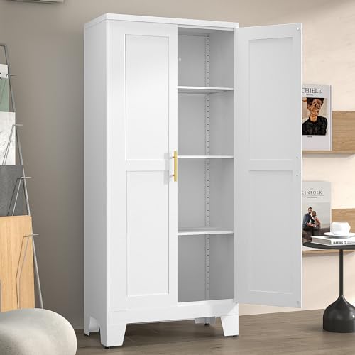 Winiowa Metal Pantry Cabinet with 2 Doors and Adjustable Shelves - 61" Kitchen Storage Cabinet with Gold Handles - Versatile Storage for Kitchen, Bathroom, Dining Room, Utility Room - White - color: 2d-white, size: 13.78"D x 27.55"W x 61.02"H