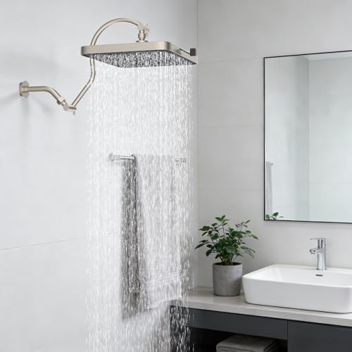 Hibbent 13'' Rain Shower Head with 12'' Extension Arm, Brushed Nickel | High Pressure 5 Modes Rainfall Shower Head with Solid Brass Adjustable Shower Arm Extender, Waterfall fixed Square Showerhead - color: Brushed Nickel