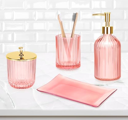 Haturi Bathroom Accessories Set, 4 Pcs Pink Glass Bathroom Accessories Sets Complete w/Lotion Soap Dispenser, Toothbrush Holder, Apothecary Jar, Vanity Tray, Bathroom Decor, Gift for Home Apartment | Kit w/ Bathroom Soap Dispenser Set, Toothbrush Holder,
