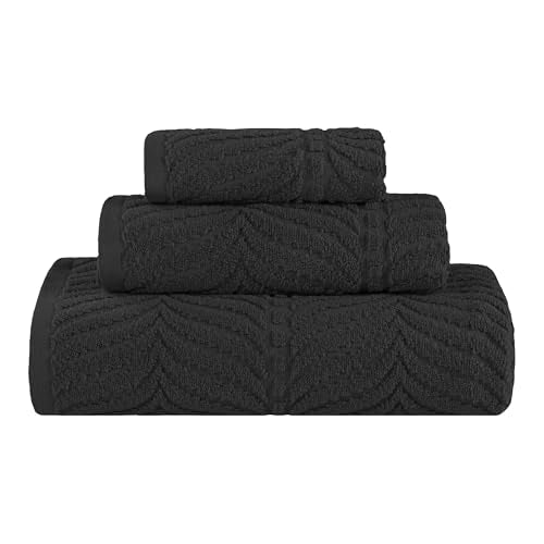 SUPERIOR Cotton Chevron 3 Piece Towel Set, Zero Twist, Quick Dry, Home Essentials, Shower, Spa, Luxury Plush Soft Absorbent Towels, Includes 1 Bath, 1 Hand, 1 Washcloth/Face Towel, Jacquard, Black - color: Black, size: 3 Piece Towel Set (Jacquard)