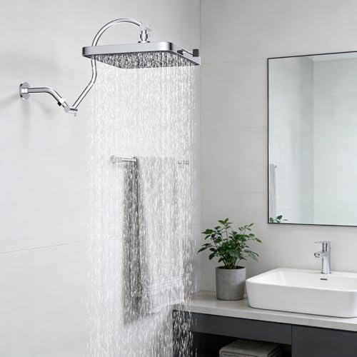 Hibbent 13'' Rain Shower Head with 12'' Shower Head Extension Arm, Chrome | High Pressure 5 Modes Rainfall Shower Head with Solid Brass Adjustable Shower Arm Extender, Waterfall fixed Square Showerhead - color: Chrome