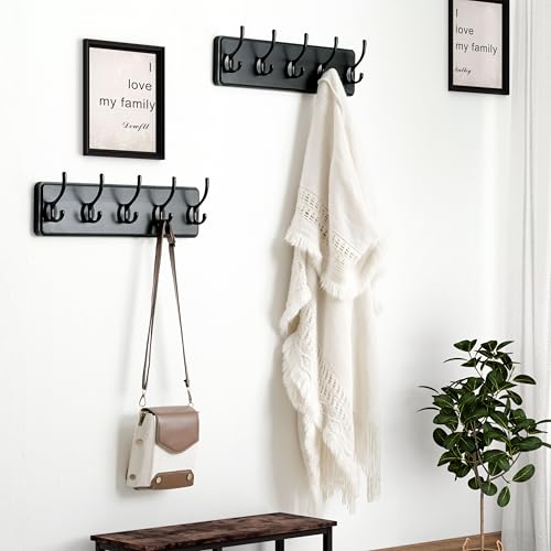 Wall Mounted Coat Rack: Patented, Heavy-Duty, 17.4" Long 5-Double-Hooks Wooden Hanger Rail for Winter Coats, Hats, Jackets, Clothing - Black, Pack of 2 - color: Black, size: L=17.4" (2pcs)