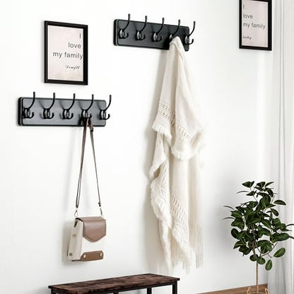 Wall Mounted Coat Rack: Patented, Heavy-Duty, 17.4" Long 5-Double-Hooks Wooden Hanger Rail for Winter Coats, Hats, Jackets, Clothing - Black, Pack of 2 - color: Black, size: L=17.4" (2pcs)