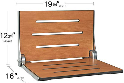 Seachrome SHAF-185155-PTS-S-SL High Back Silhouette Folding Wall Mount Shower Bench, Teak Seat with Silver Frame - color: Teak Seat With Silver Frame