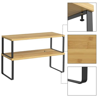 NEX Kitchen Cabinet and Counter Shelf Organizer, Stackable & Expandable, Set of 4, Black and Natural - 7.7 x 15.6 x 6.2'' - color: Black + Natural Beige, size: 15.6''W
