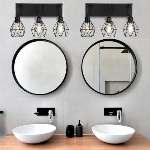 Somniferous Farmhouse Bathroom Light Fixtures, 3 Light Bathroom Vanity Lights Over Mirror, Black Vanity Light with Caged Metal Shade, Rustic Wall Sconce for Bedroom, Living Room, Hallway, E26 Socket - size: 3-Light